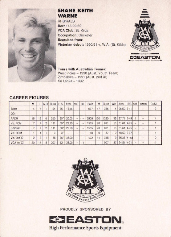 Shane Warne AS ROOKIE Australia 1992 RARE VCA Easton Cricket Trade Postcard