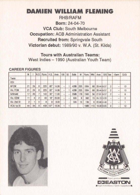 Damien Fleming Vintage Australia RARE 1992 VCA Easton Cricket Trade Postcard