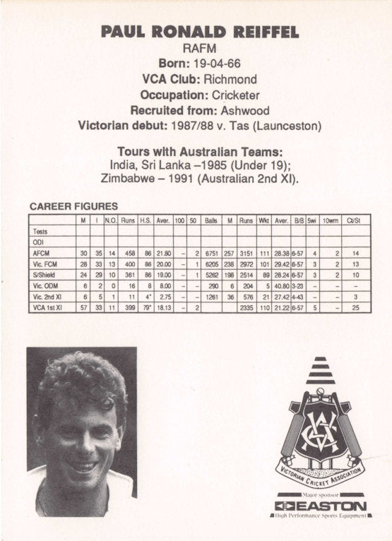 Paul Reiffel Vintage Australia RARE 1992 VCA Easton Cricket Trade Postcard