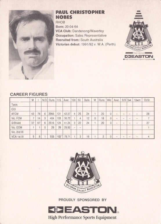 Paul Nobes Vintage Australia RARE 1992 VCA Easton Cricket Trade Postcard