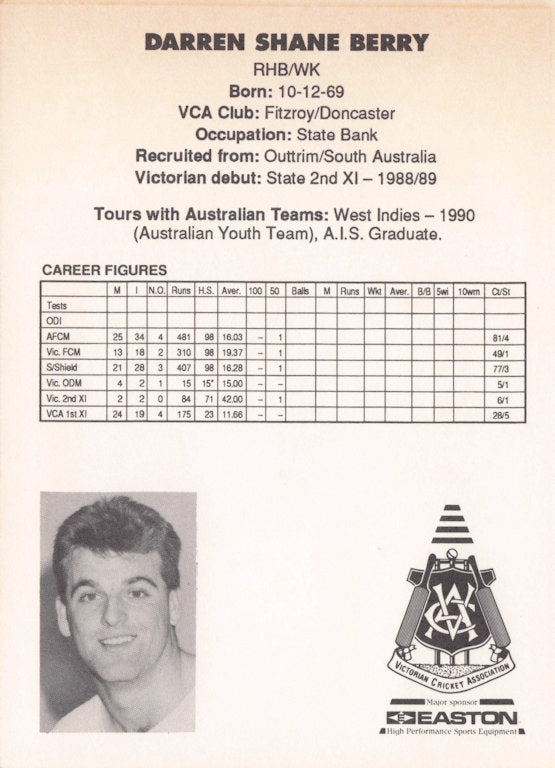 Darren Berry Vintage Australia RARE 1992 VCA Easton Cricket Trade Postcard