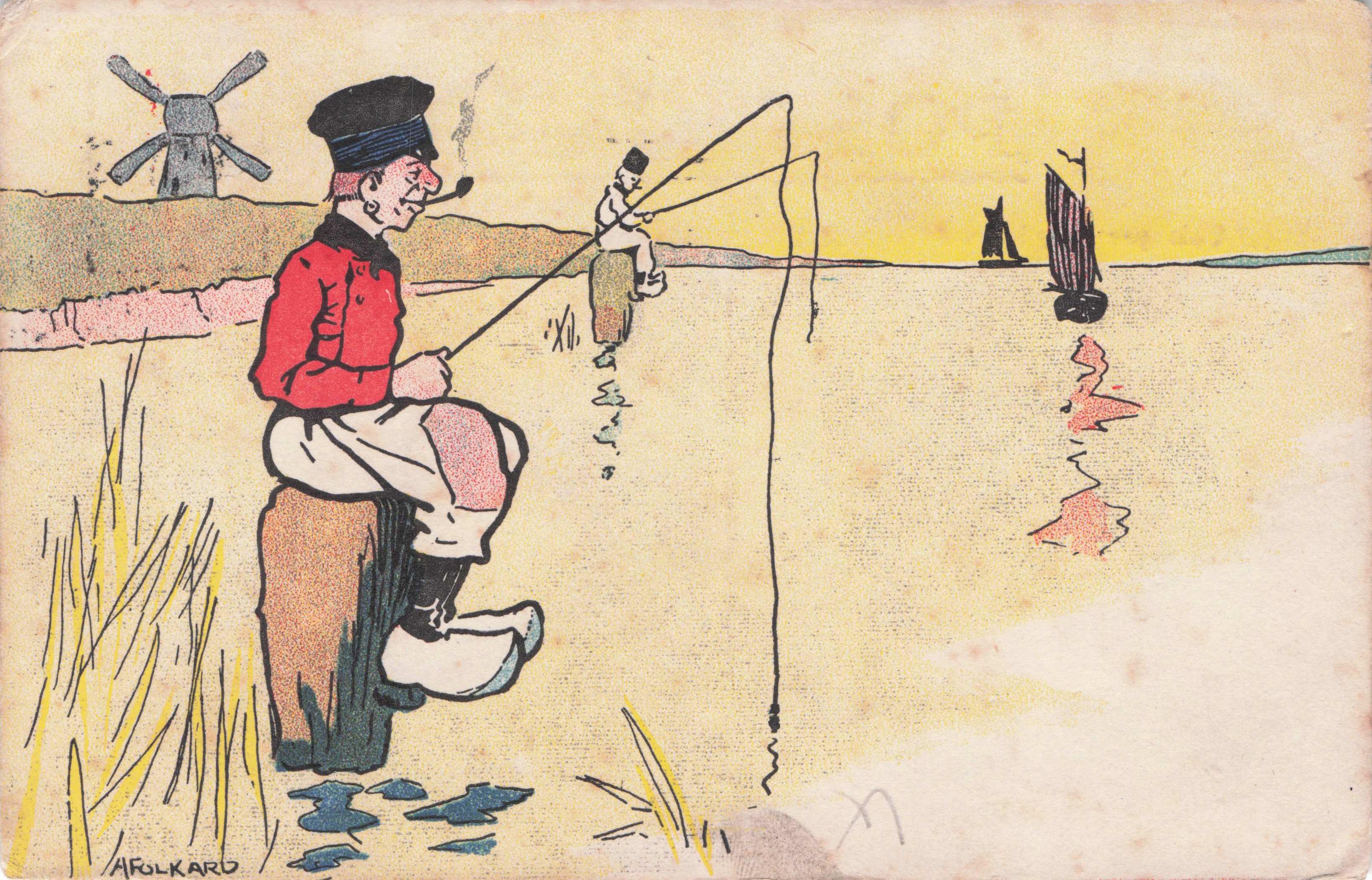 Charles Folkard Military Man Fishing Pipe Smoking Antique Comic Postcard