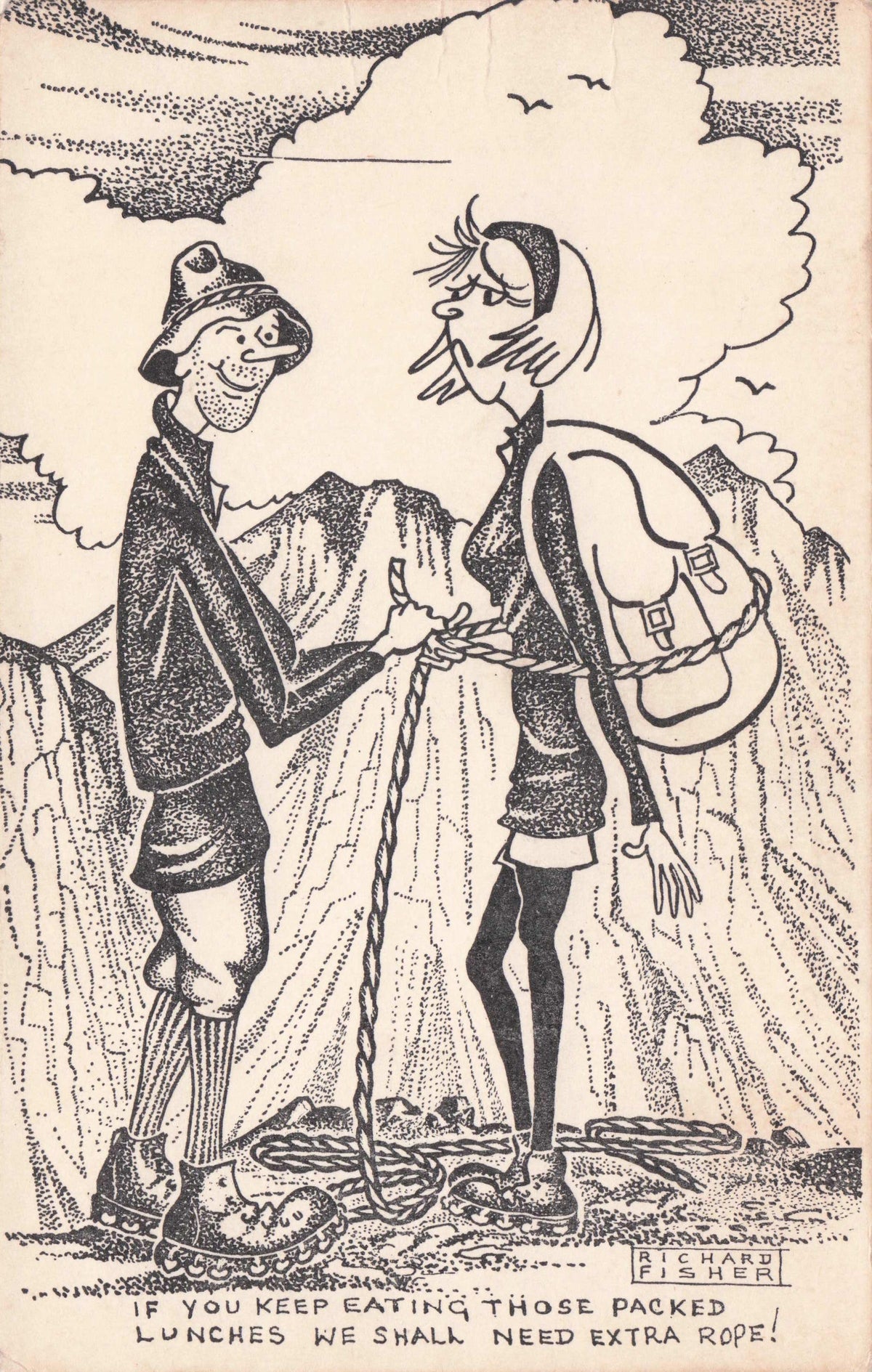 Camping Mountain Climbing Romance Packed Lunch Picnic Vintage Comic Postcard