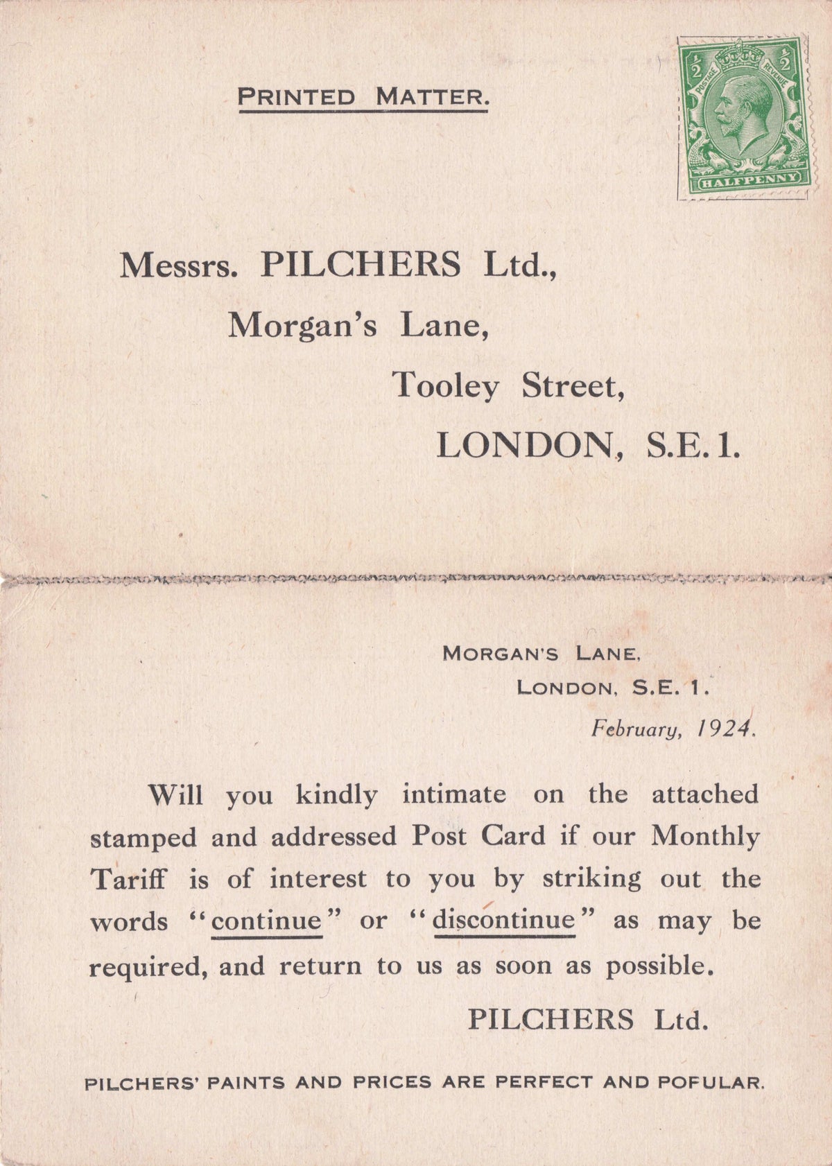 Pilchers Paints Tooley Street London 1920s Antique Tarriff Advertising Old Card