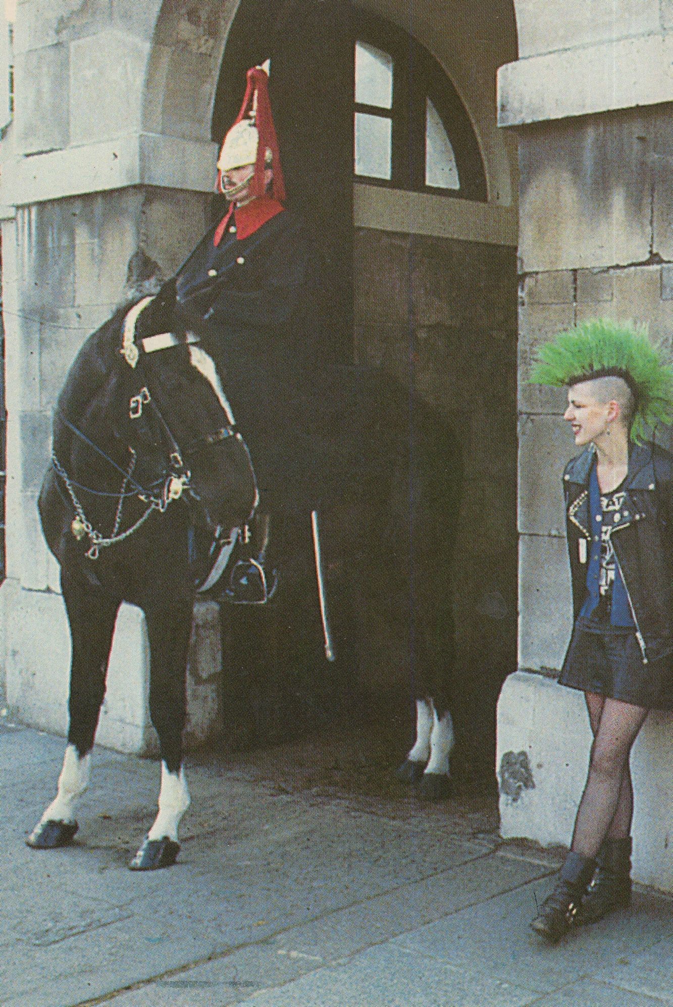Female Punk Rocker Mohican Haircut Laughs at Royal Horse London Postcard