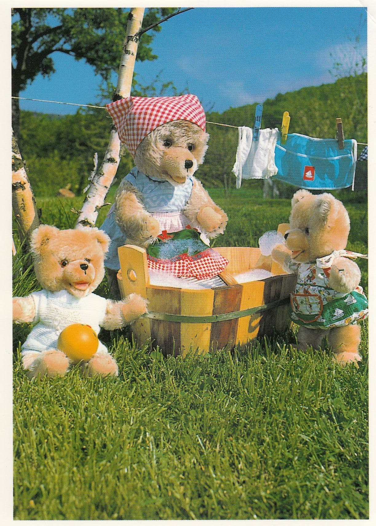 Teddy Bear Bears Hanging Washing On Line RPC Postcard