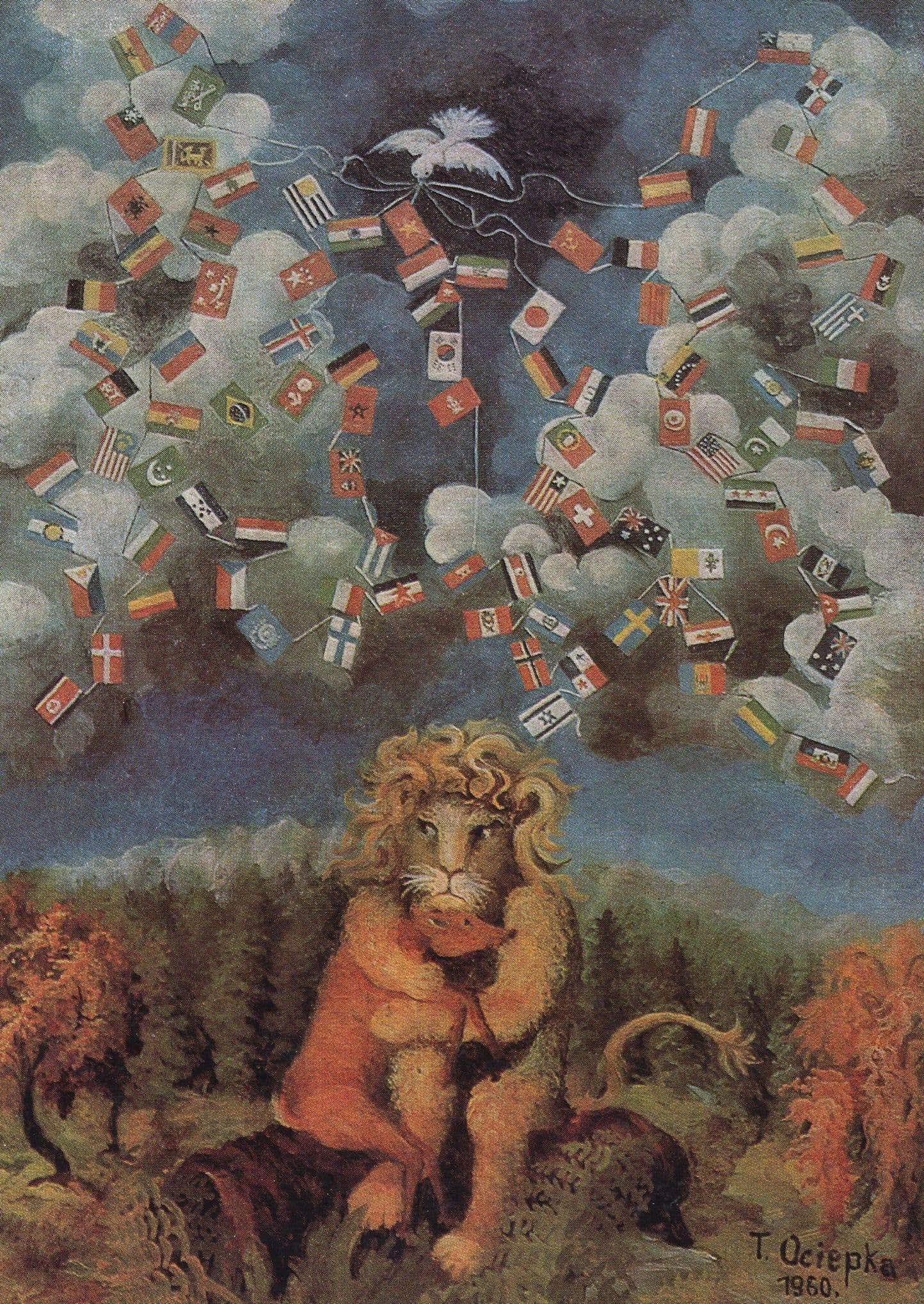 Teofil Ociepka Polish Lion With Clouds Of Flags Painting Postcard
