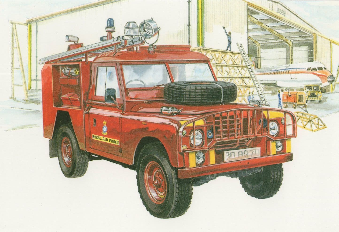 109 Inch Airfield Crash Rescue Van Land Rover Military Painting Postcard