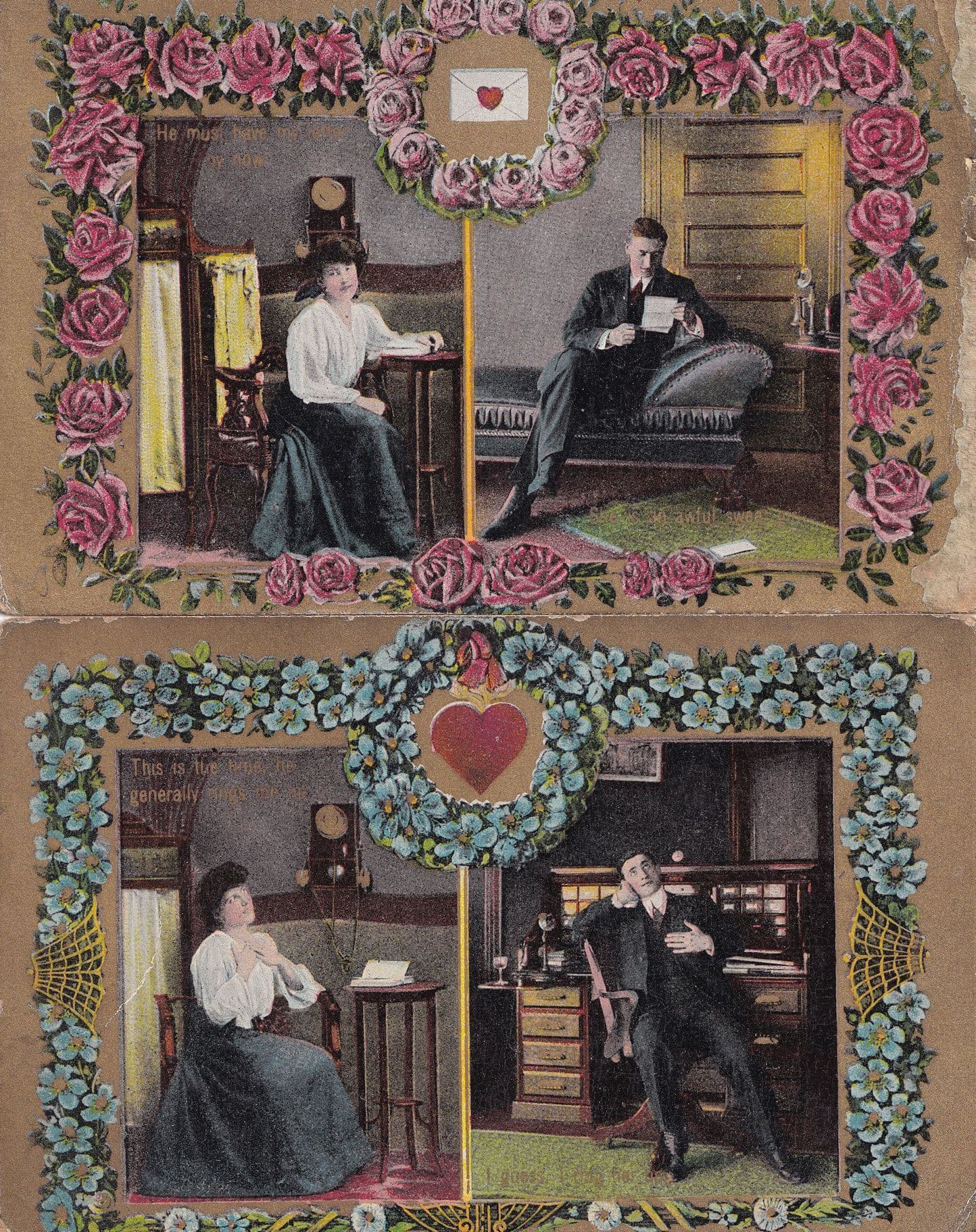 Waiting For Do You Love Me Writing A Letter Telephone 2x Antique Postcard