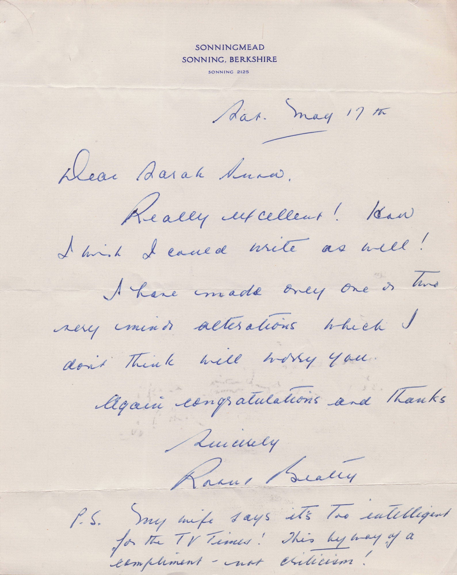 Rachel Daughter Of Robert Beatty Actor Antique Hand Signed Letter