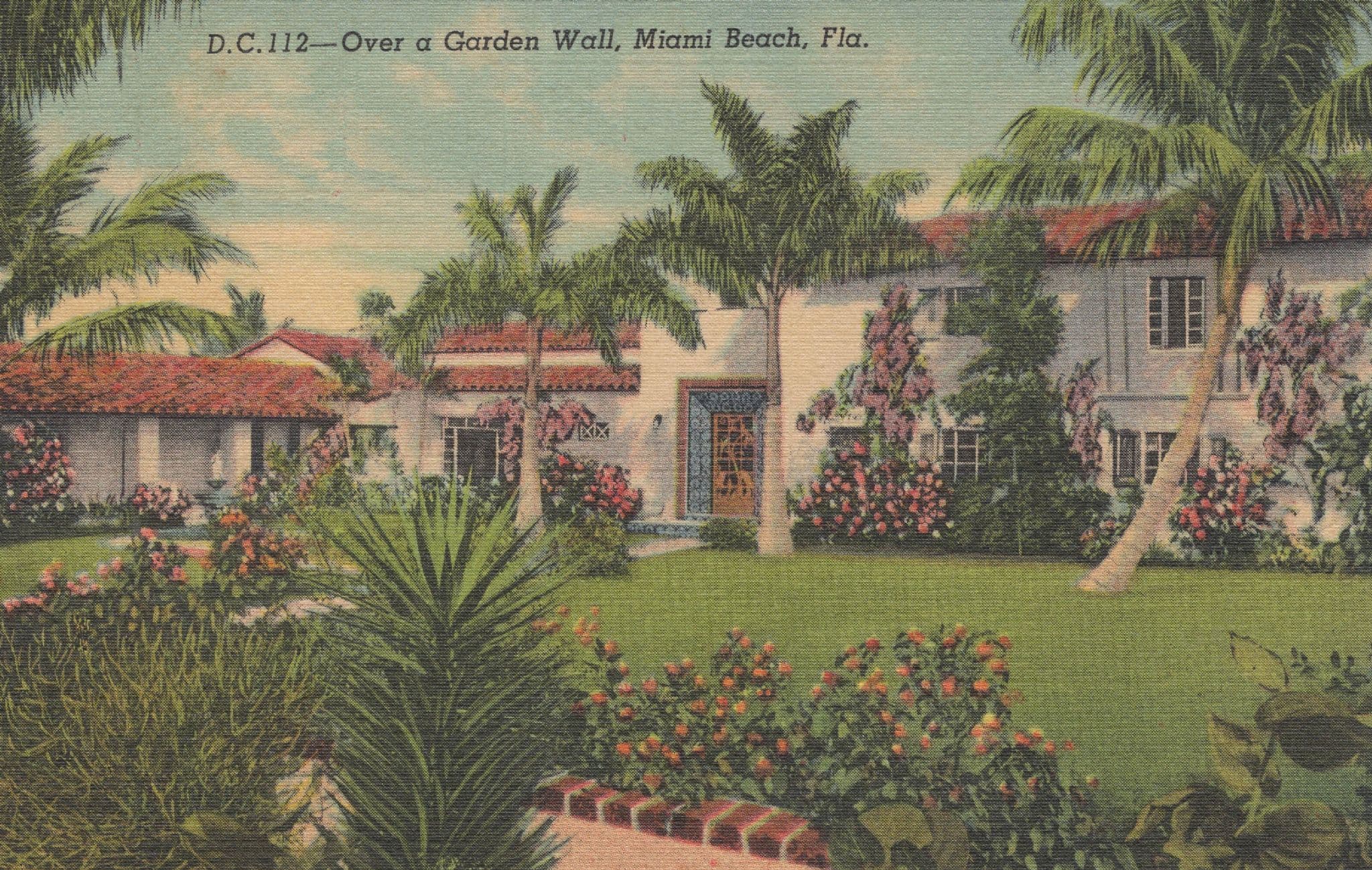 Florida Miami Beach Over a Garden Wall Linen Postcard