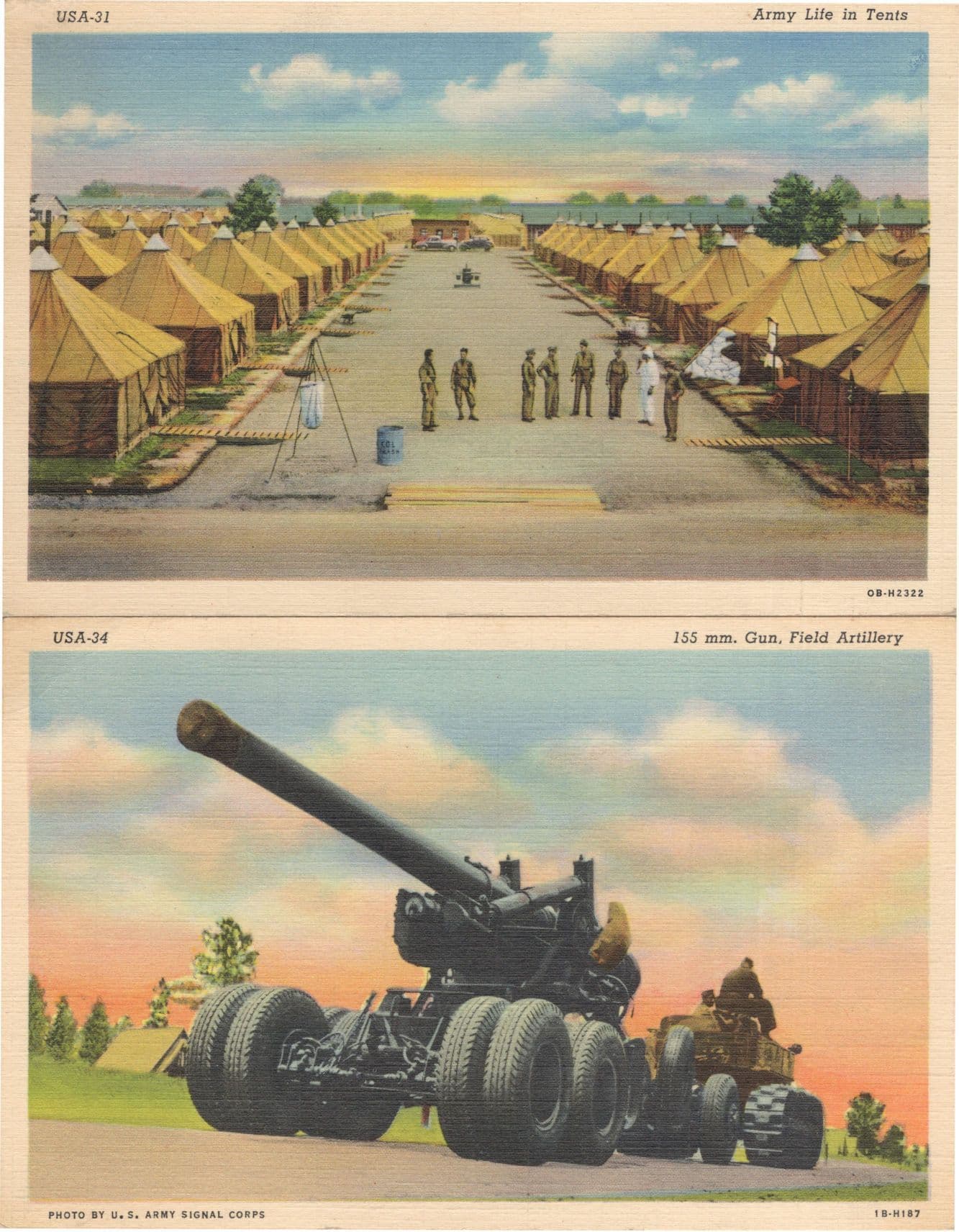 155MM Gun Artillery USA Army Life In Texas 2x Military WW2 Linen Postcard s