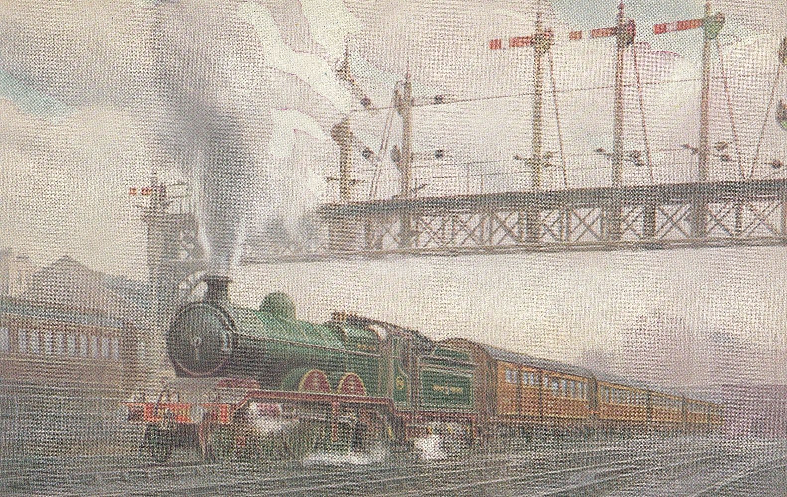 GCR Great Central Railway Train 4-4-2 Leaving Marleybone Station in 1912 Painting Postcard