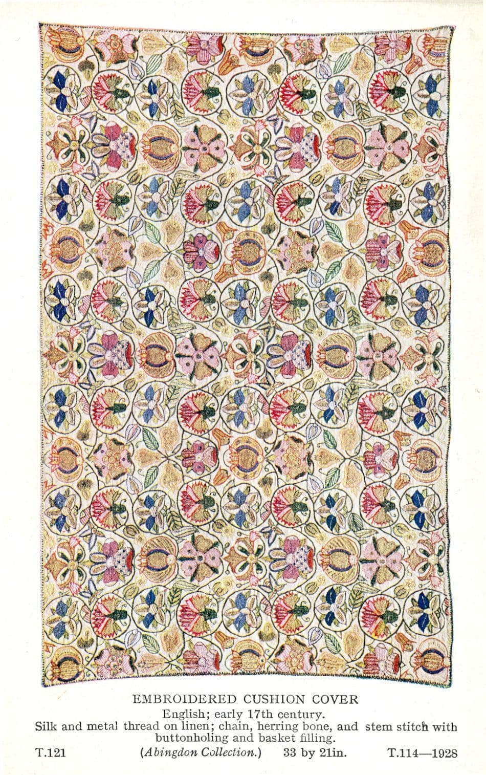 17th Century Antique Embroidered Basket Filling Cushion Cover Postcard