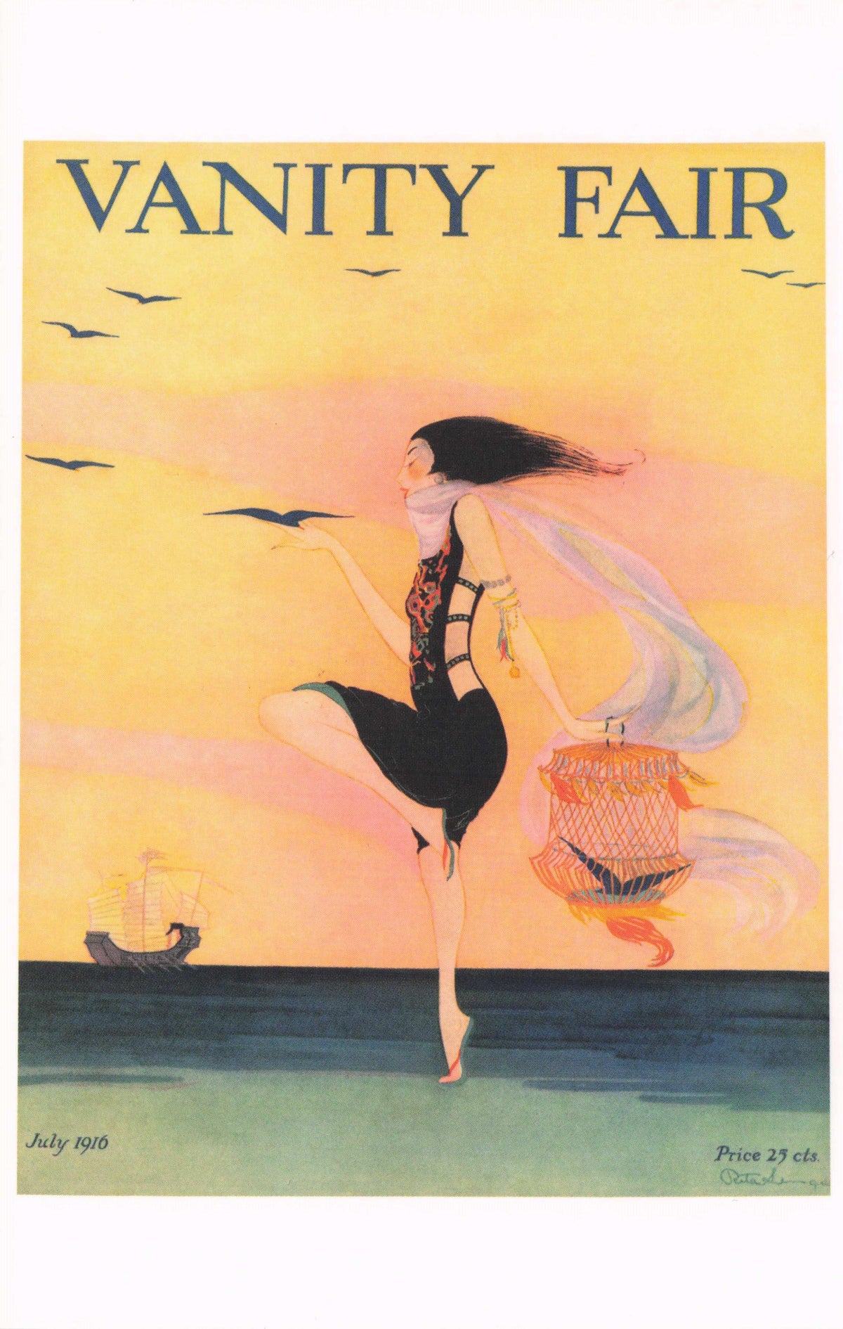 Pirouette Ballet Dance By Viking Ship With Bird Cage Art Deco Painting Postcard