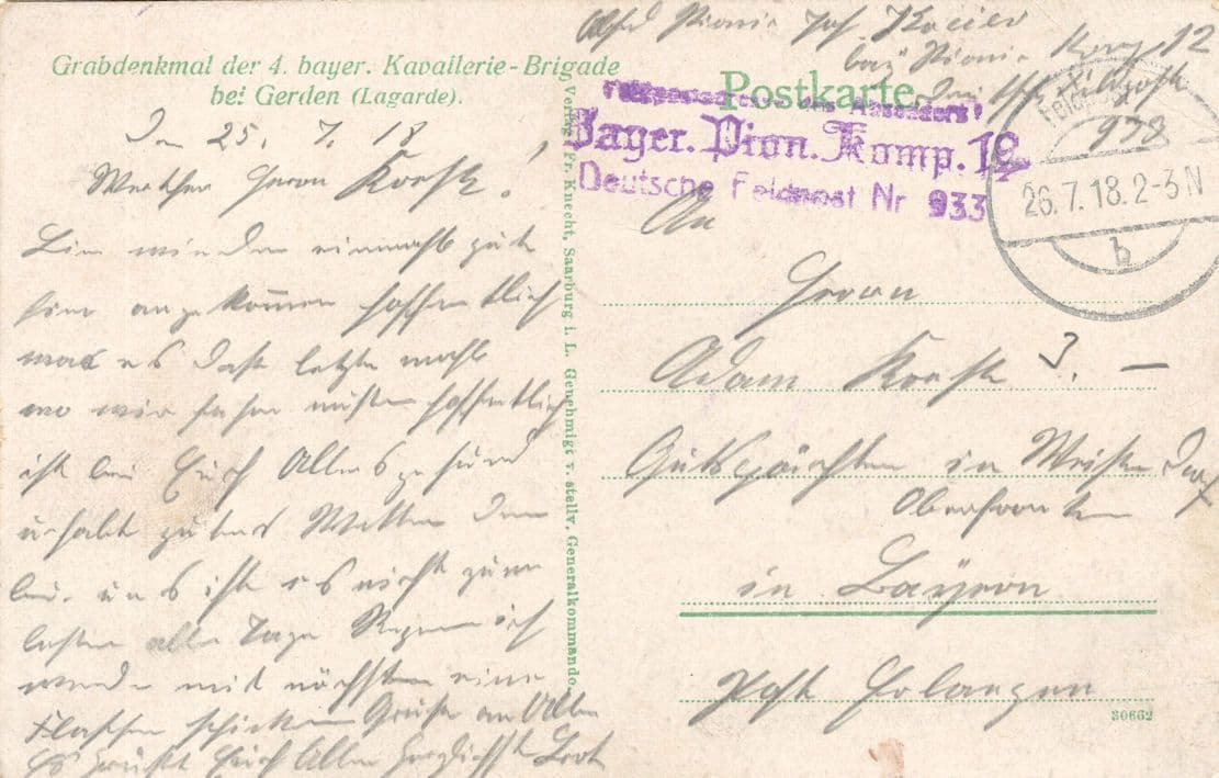 1918 German WW1 Grabdenkmal Bayer Kavallerie Brigade Sent By Soldier Postcard