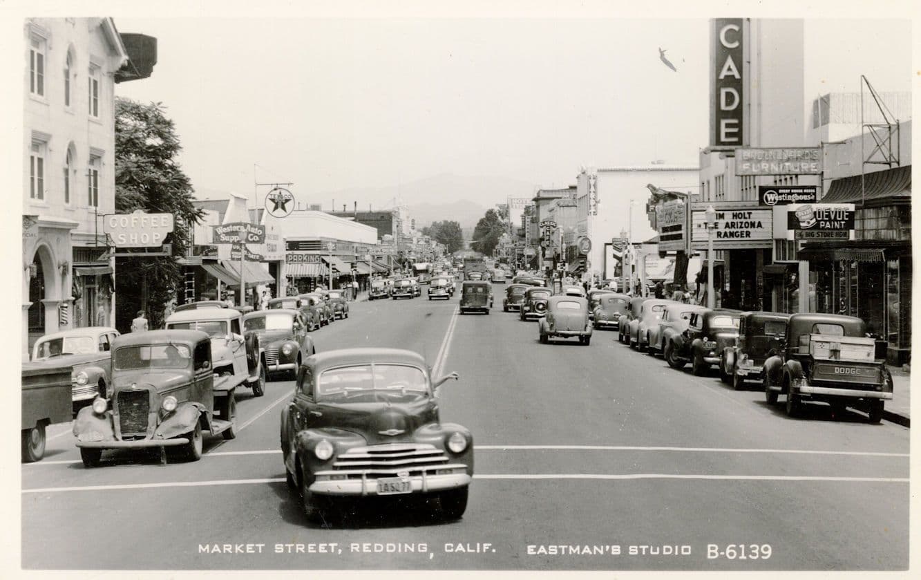 1930s Automobiles Classic Cars Market Street Redding USA RPC Postcard