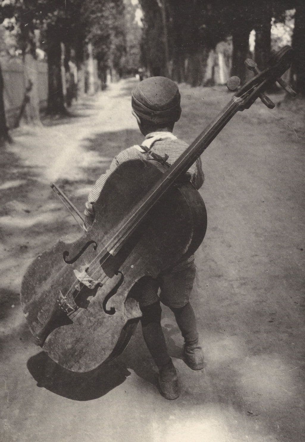 1930s Boy Busker with Giant Cello Bass Musical Instrument Photo Postcard