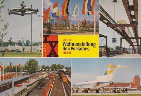 1965 Transport Railway Plane Space Station Exhibition Munchen Germany Postcard
