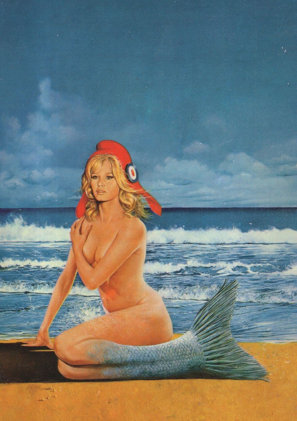 1970s French Military WW2 Aircraft Hat Sea Mermaid Painting Postcard