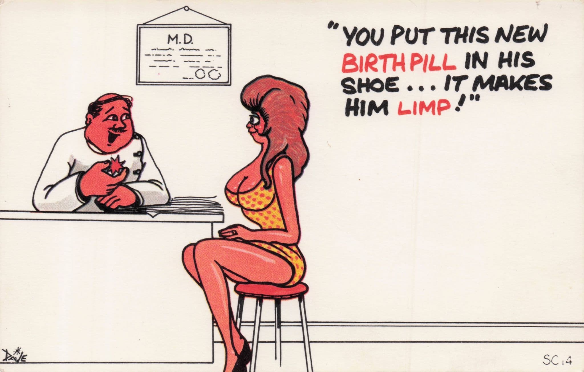 1970s Sexy Lady Birth Control Pill Makes Men Limp Doctors Surgery Comic Postcard
