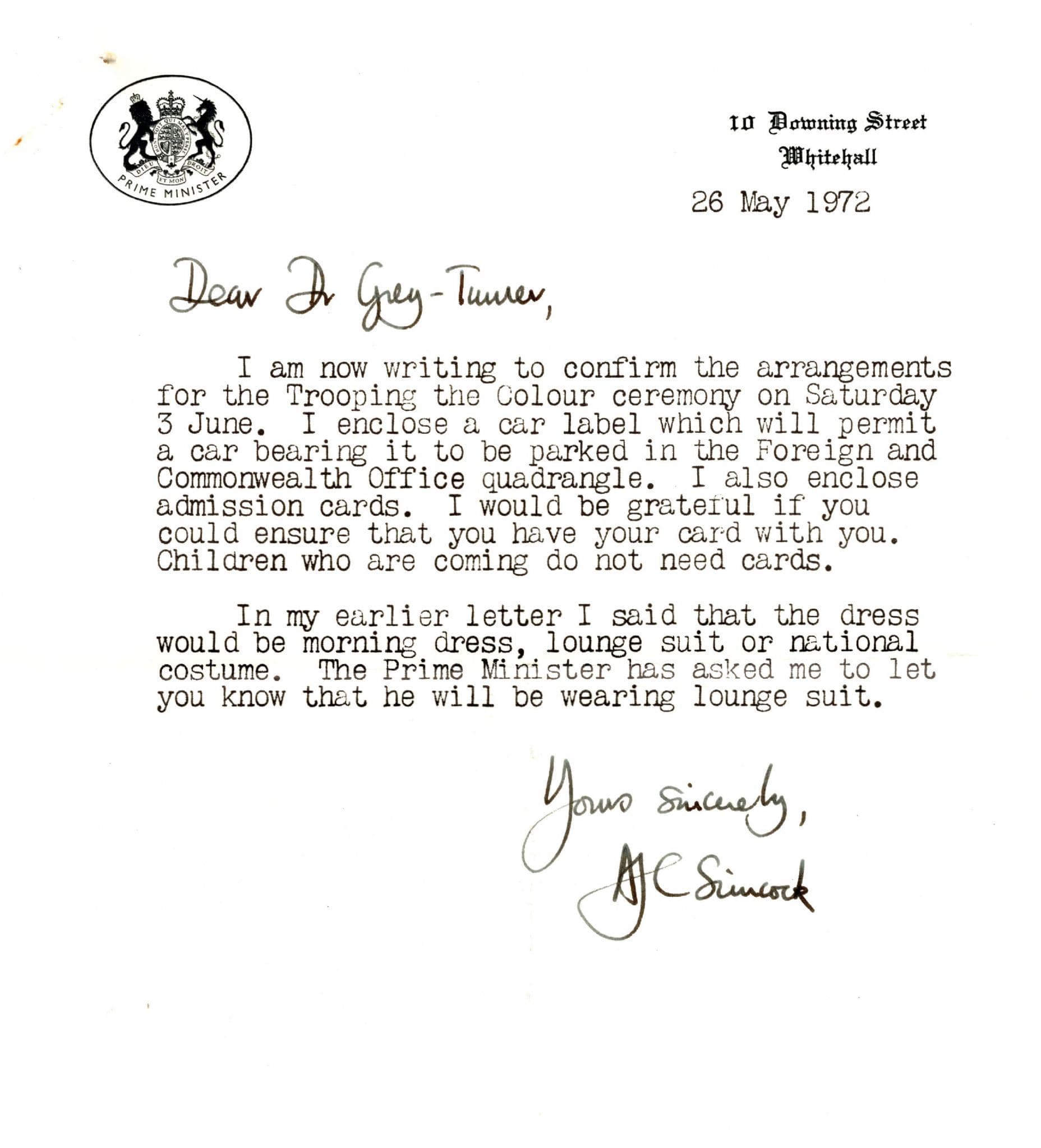 1972 Royal Trooping The Colour 10 Downing Street Hand Signed Letter