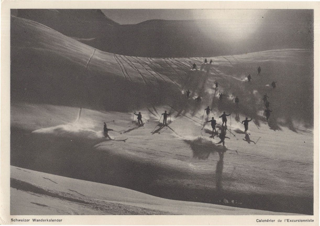 20 Skiers In Crazy Skiing Formation Switzerland Ski Old Postcard