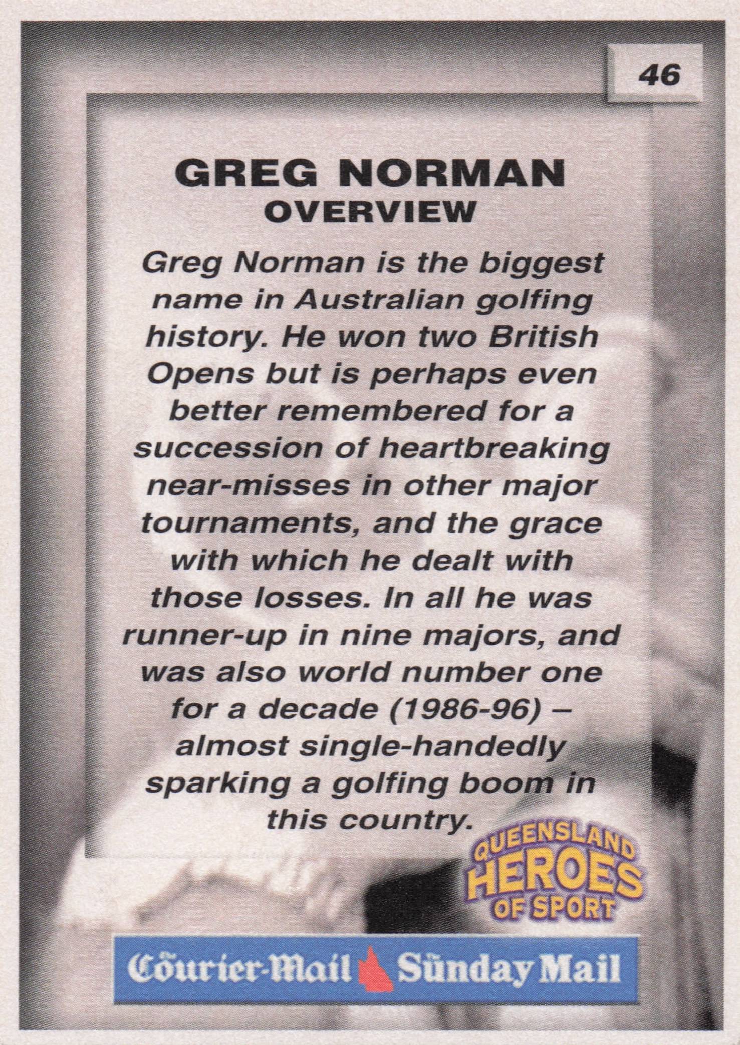 Greg Norman Queensland Heroes Of Sport Golf Rare Trade Card