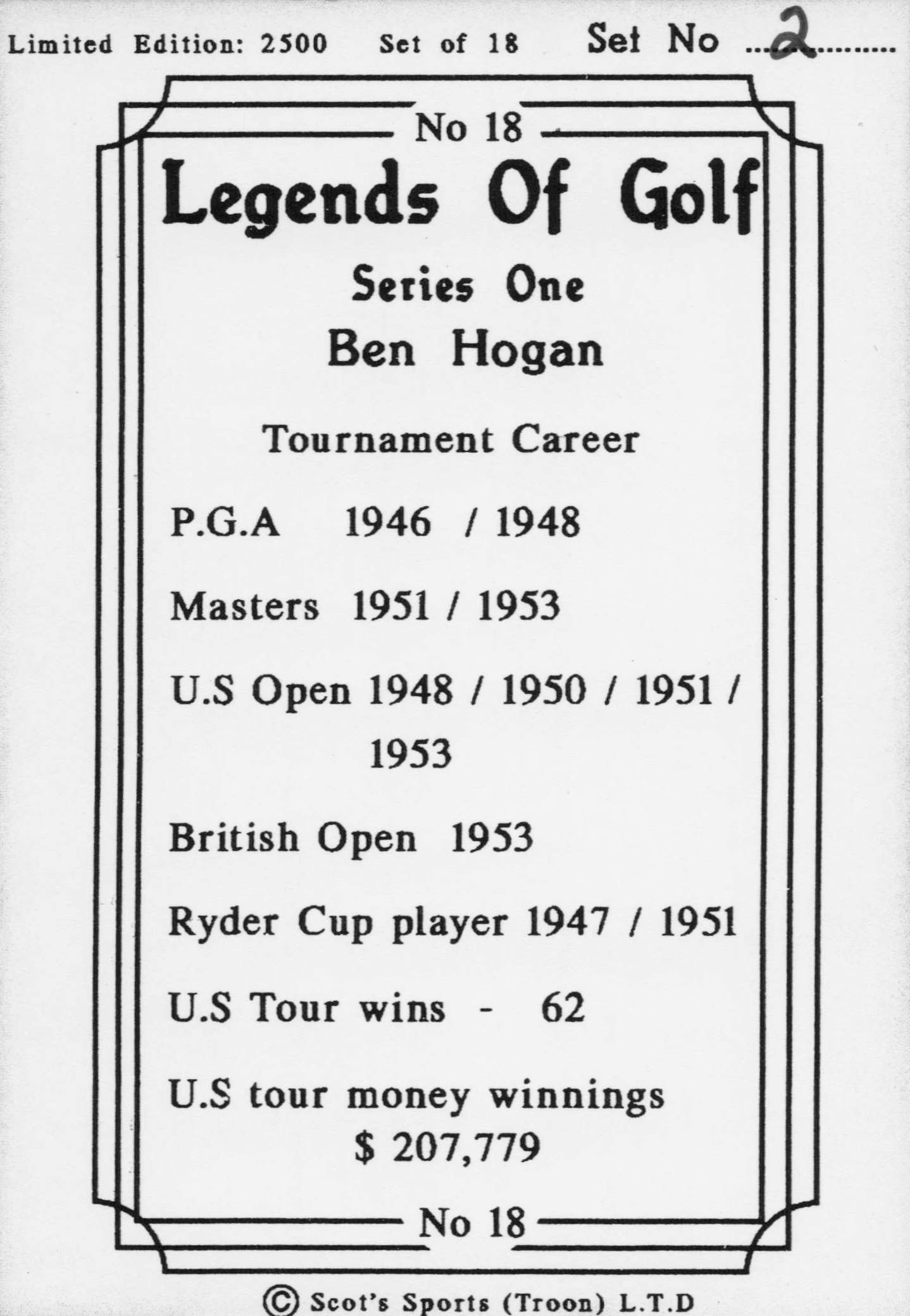 Ben Hogan Tournament Career Legends Of Golf Trade Card
