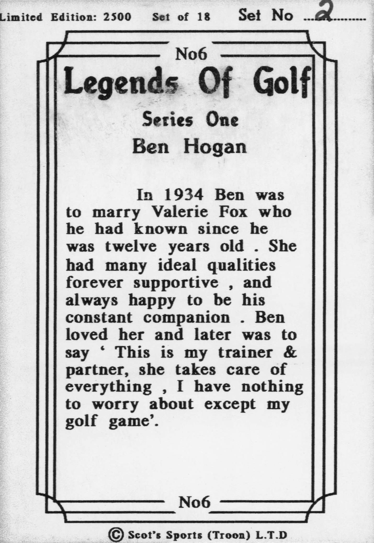 Ben Hogan Wedding Valerie Fox Legends Of Golf Trade Card