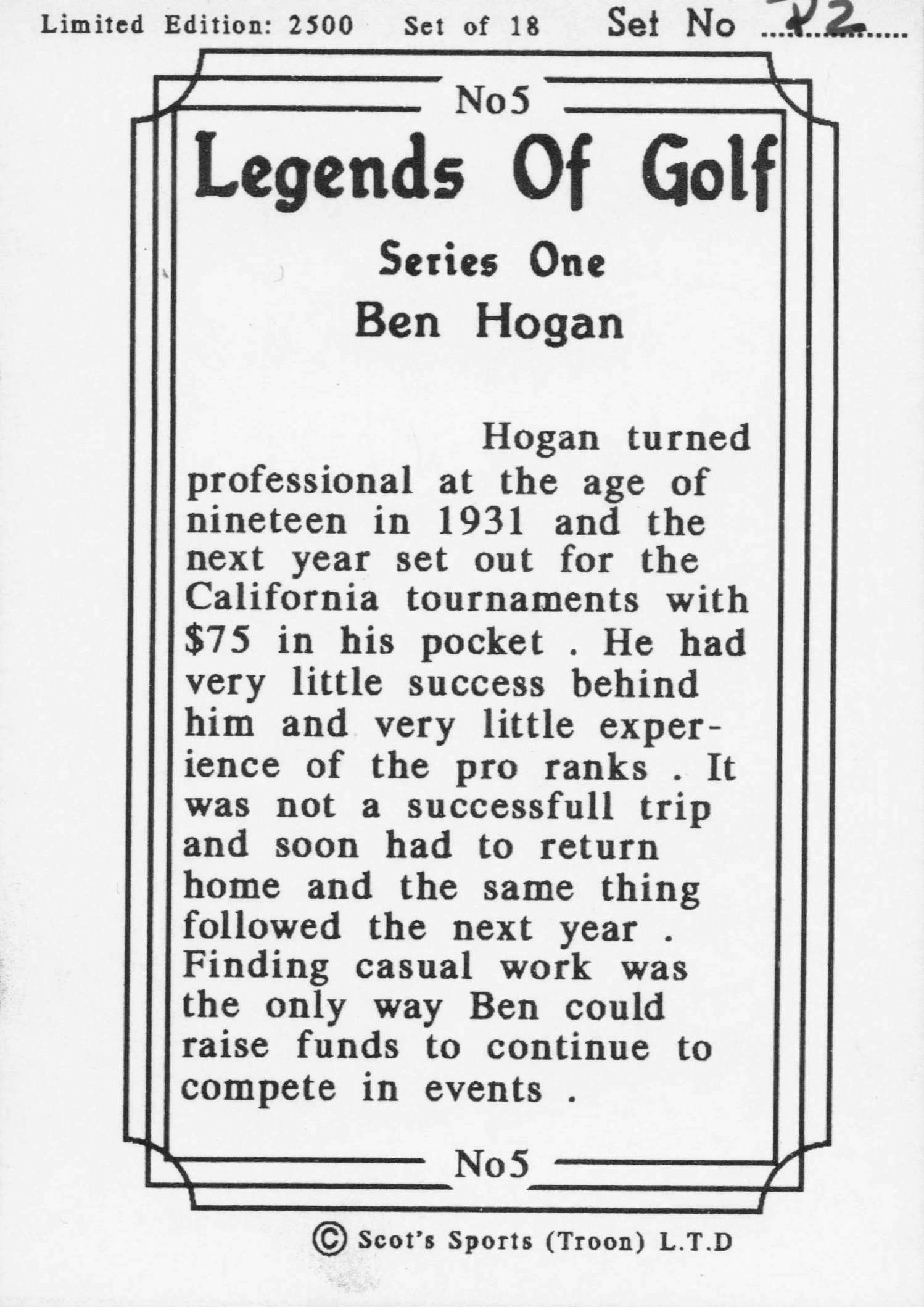 Ben Hogan 1931 Time Magazine Legends Of Golf Trade Card