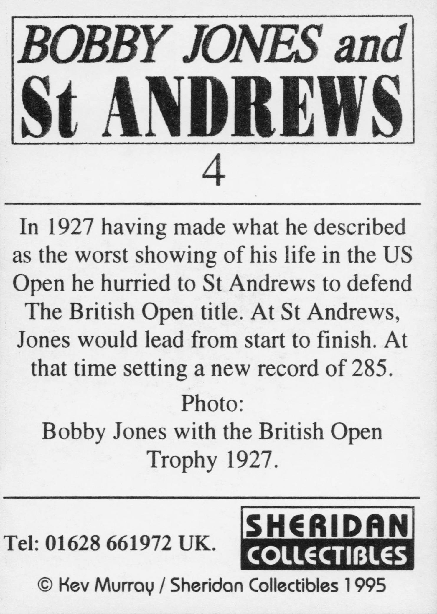 Bobby Jones USA Golf & St Andrews Course 1927 Open Trophy Trade Card