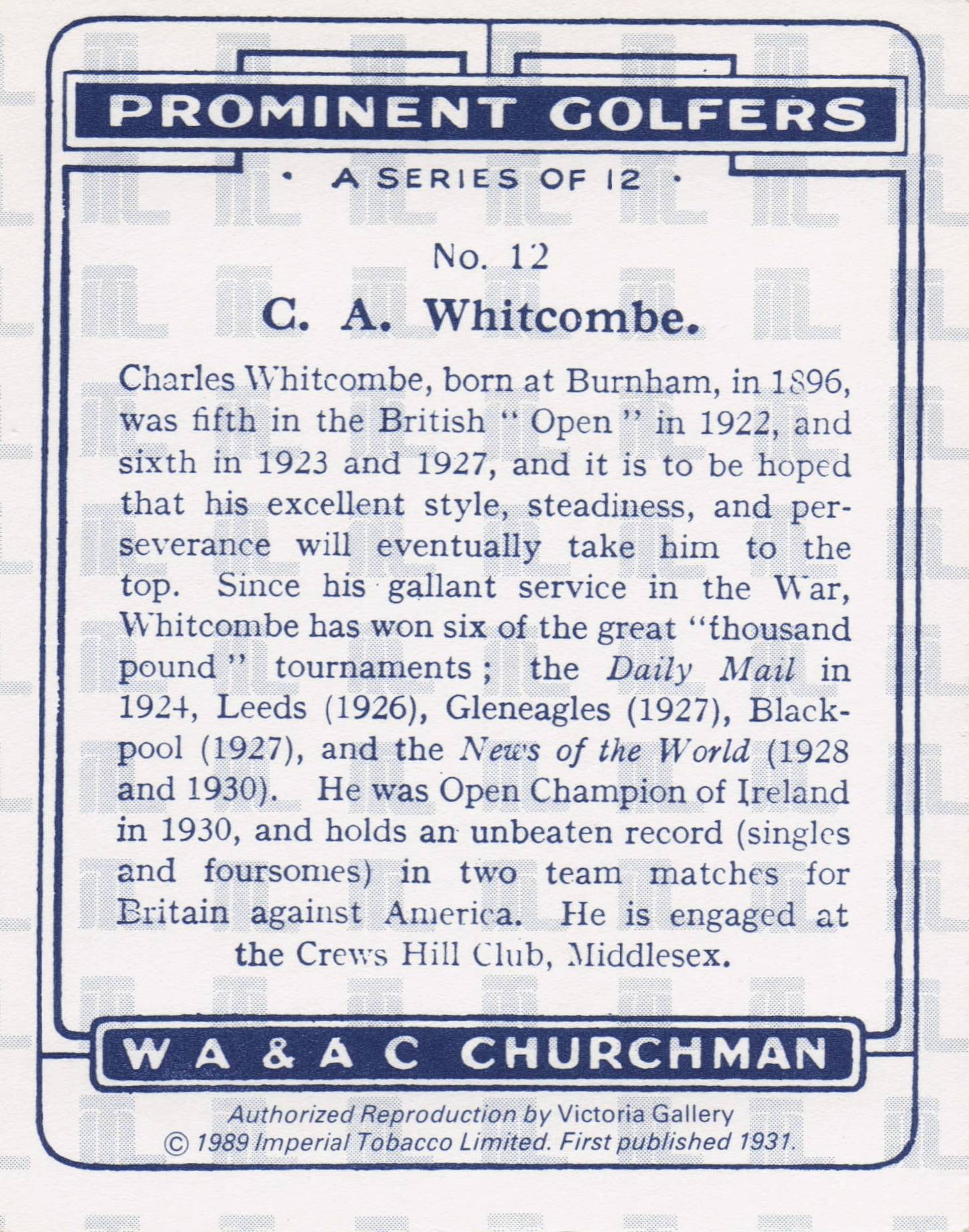 Charles Whitcombe Golf Churchman Prominent Golfers Cigarette Card