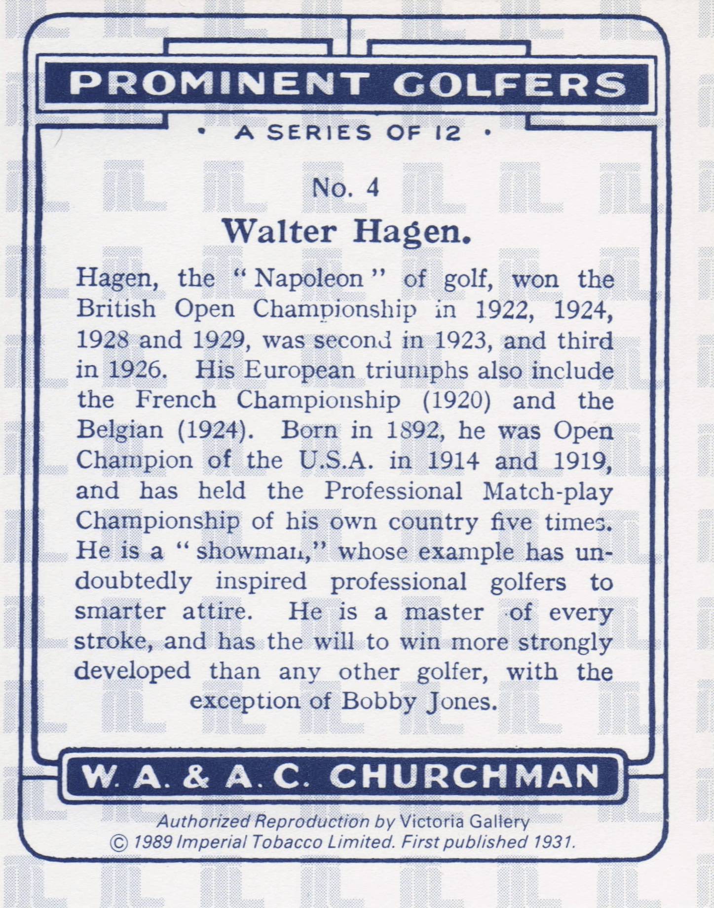 Walter Hagen Golf Churchman Prominent Golfers Cigarette Card