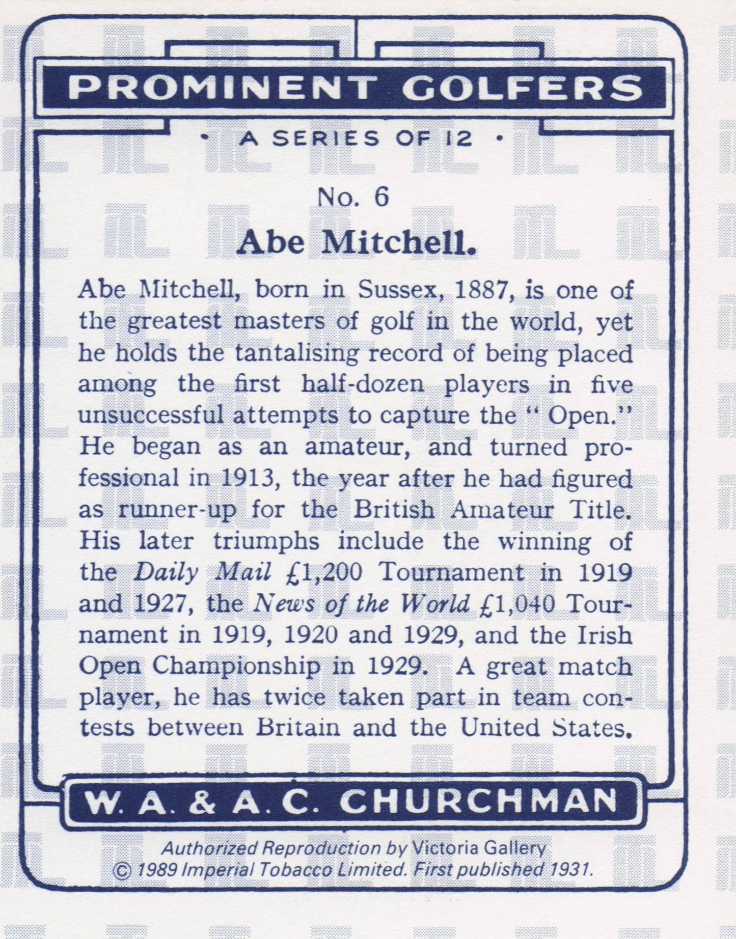 Abe Mitchell Golf Churchman Prominent Golfers Cigarette Card