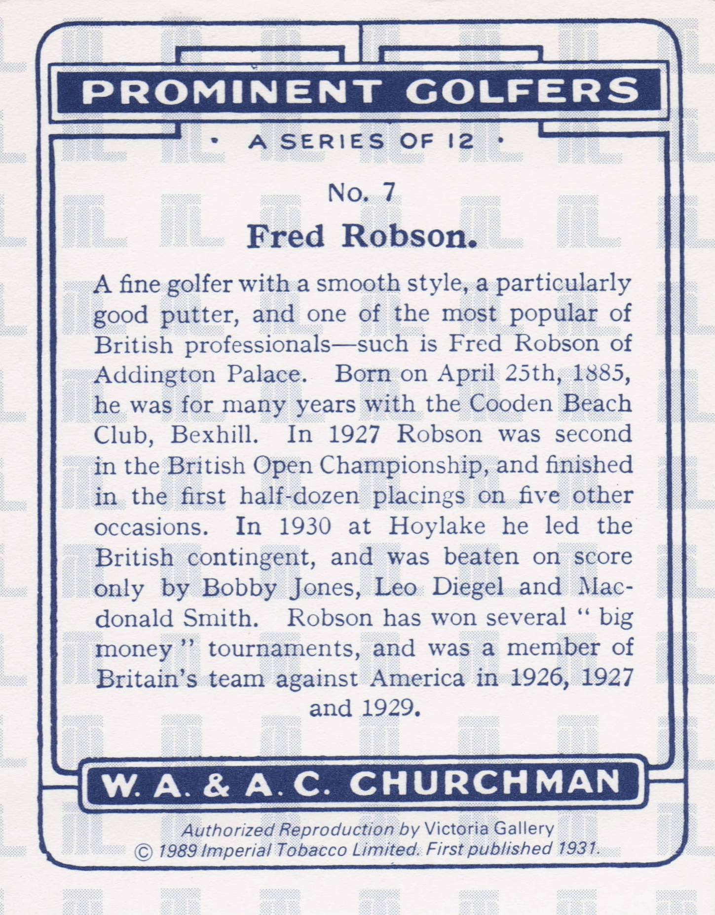 Fred Robson Golf Churchman Prominent Golfers Cigarette Card