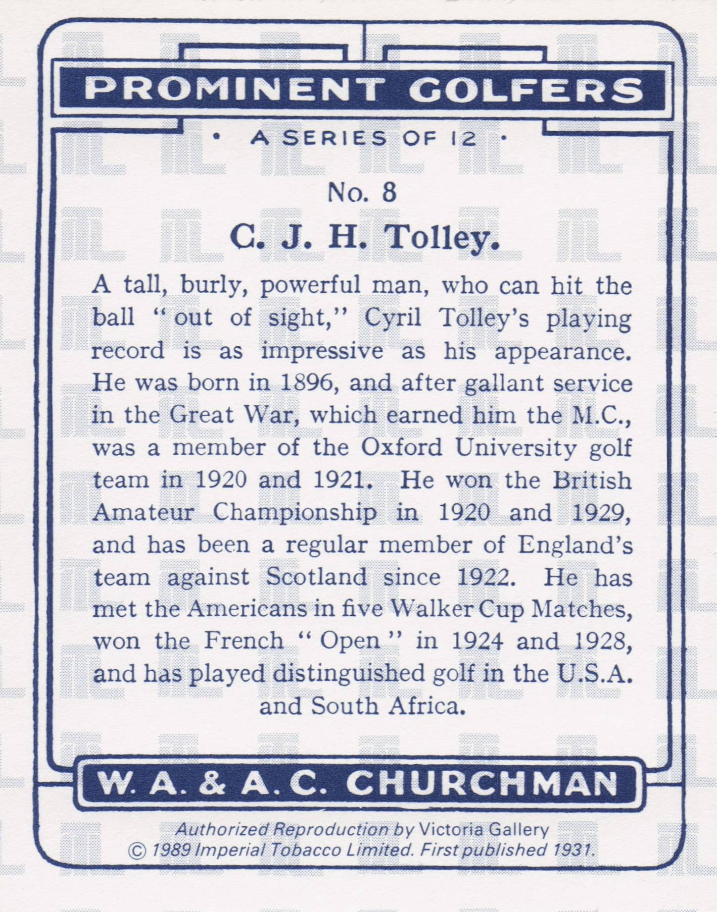 Cyril Tolley Golf Churchman Prominent Golfers Cigarette Card