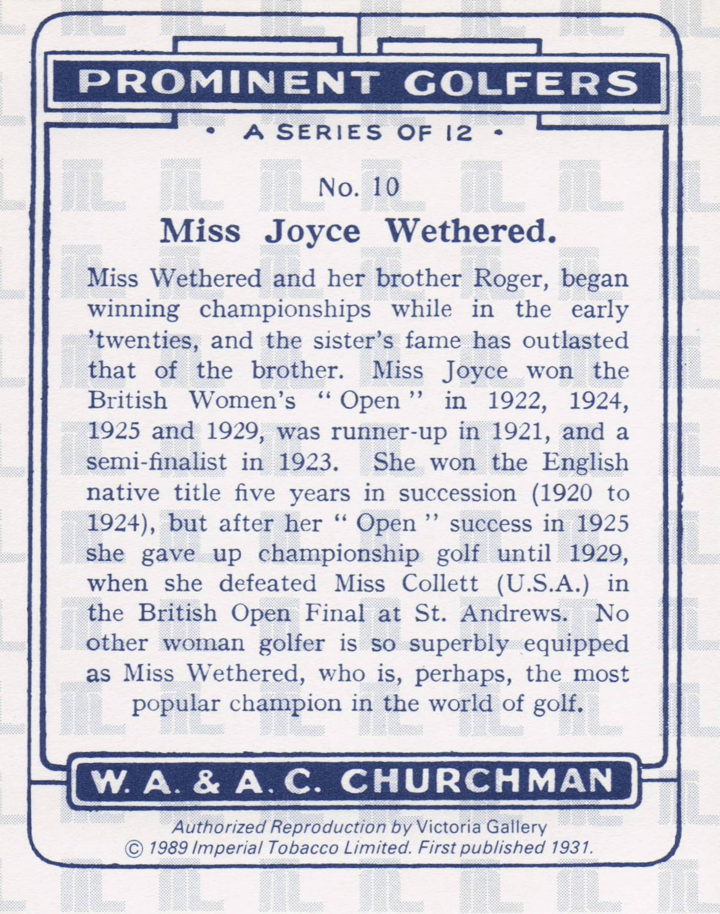 Miss Joyce Wethered Golf Churchman Prominent Golfers Cigarette Card