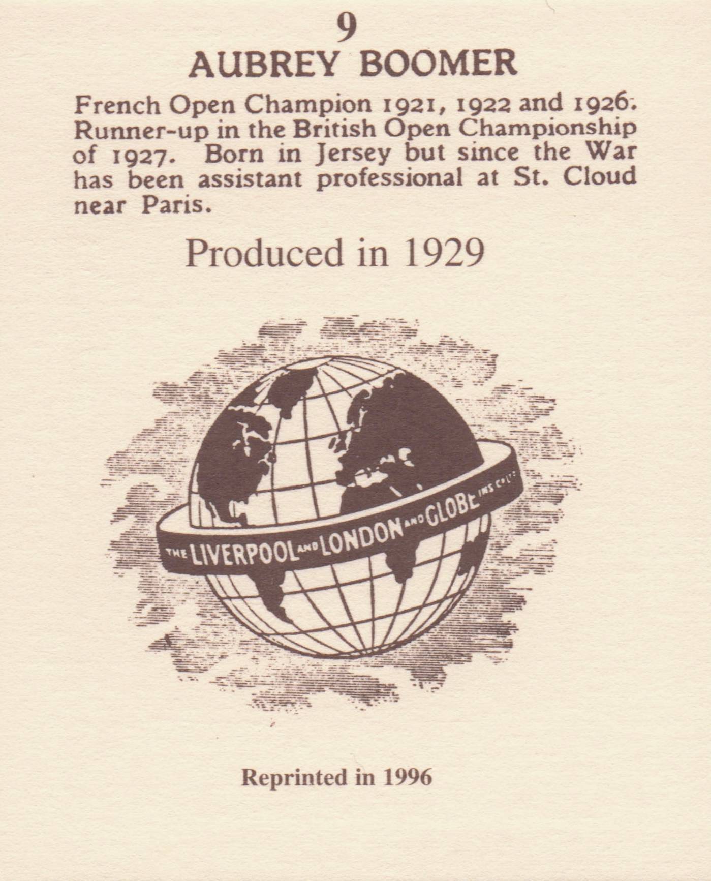 Aubrey Broomer Golf Rare Globe Insurance Photo Trade Card