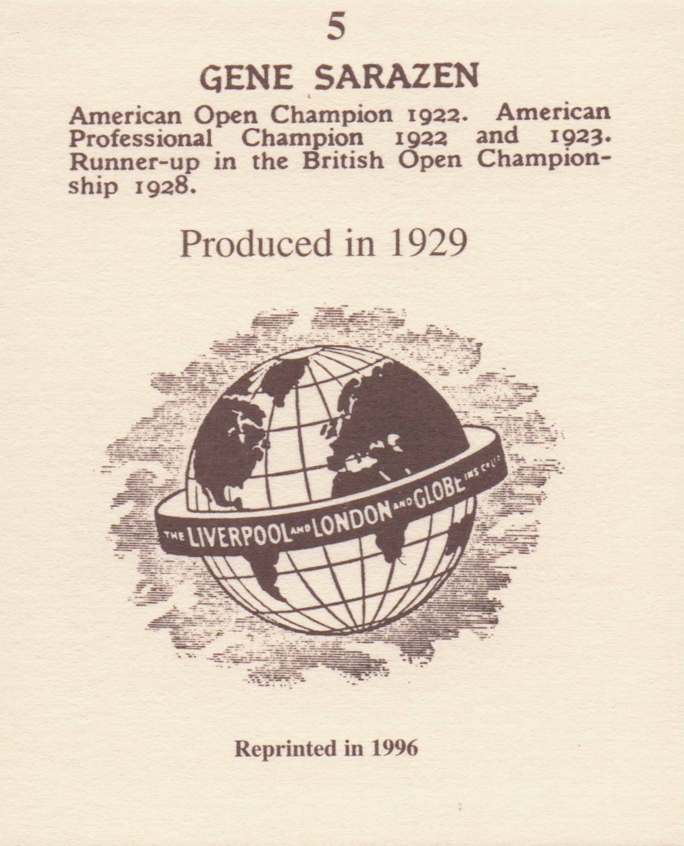 Gene Sarazan Golf Rare Globe Insurance Photo Trade Card