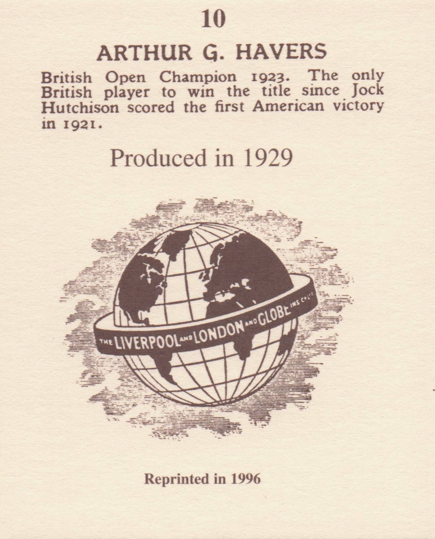 Arthur Havers Golf Rare Globe Insurance Photo Trade Card