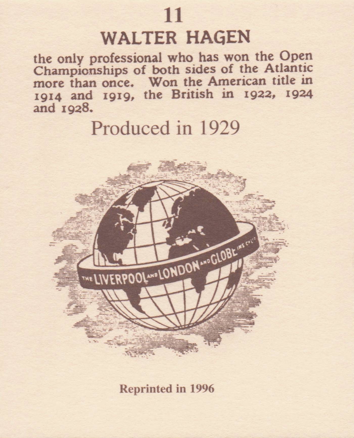 Walter Hagen Golf Rare Globe Insurance Photo Trade Card