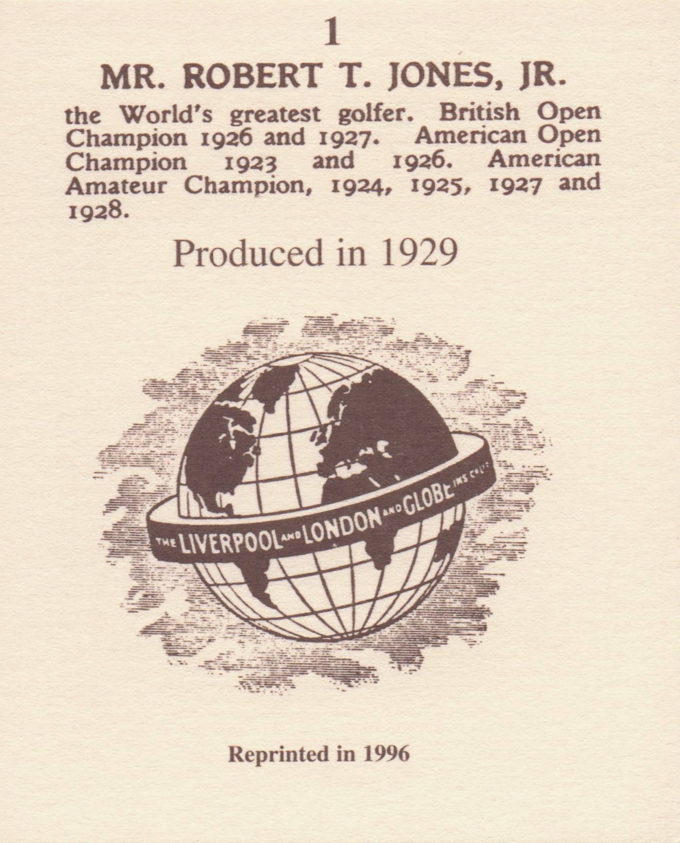 Robert T Jones Jr. Golf Rare Globe Insurance Photo Trade Card
