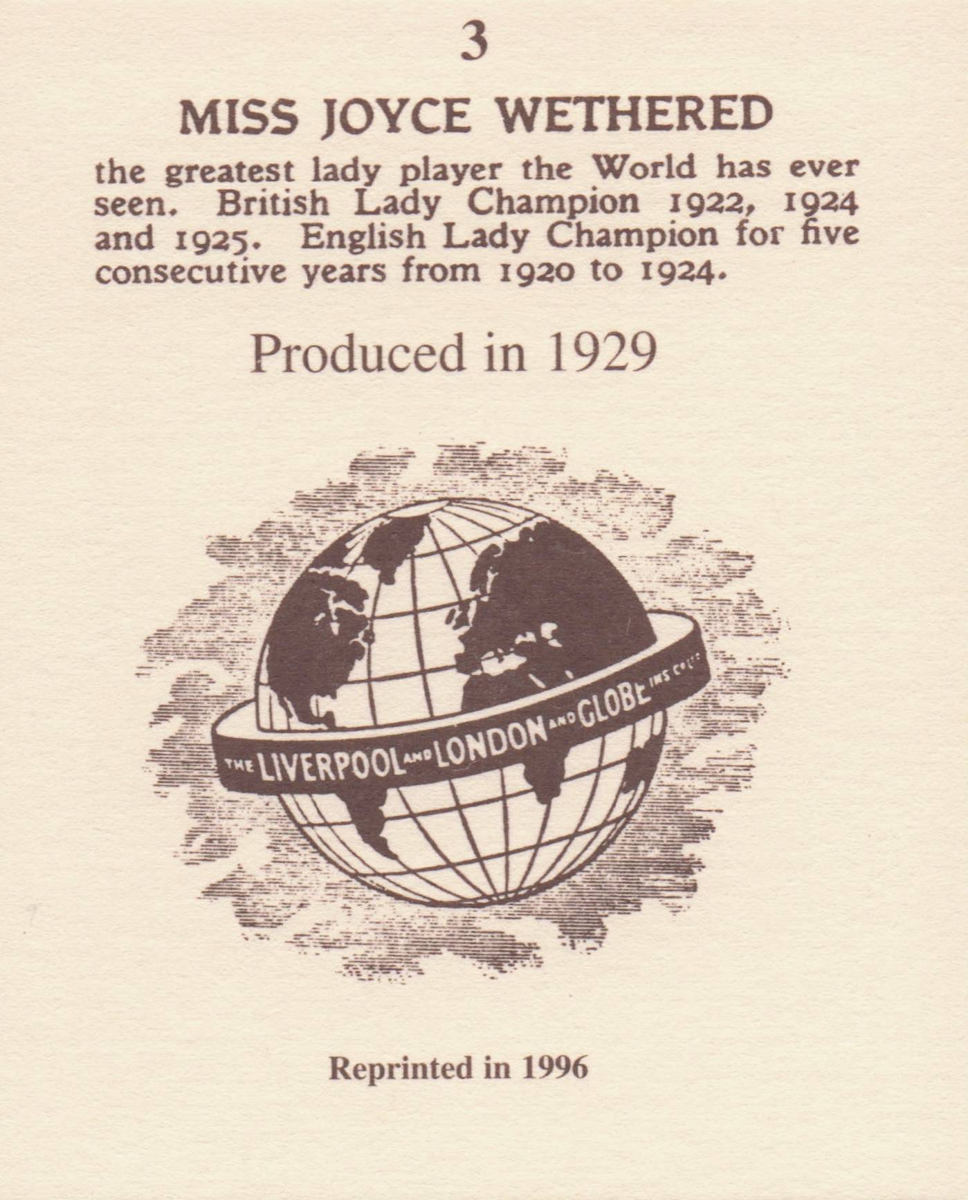 Miss Joyce Wethered Golf Rare Globe Insurance Photo Trade Card