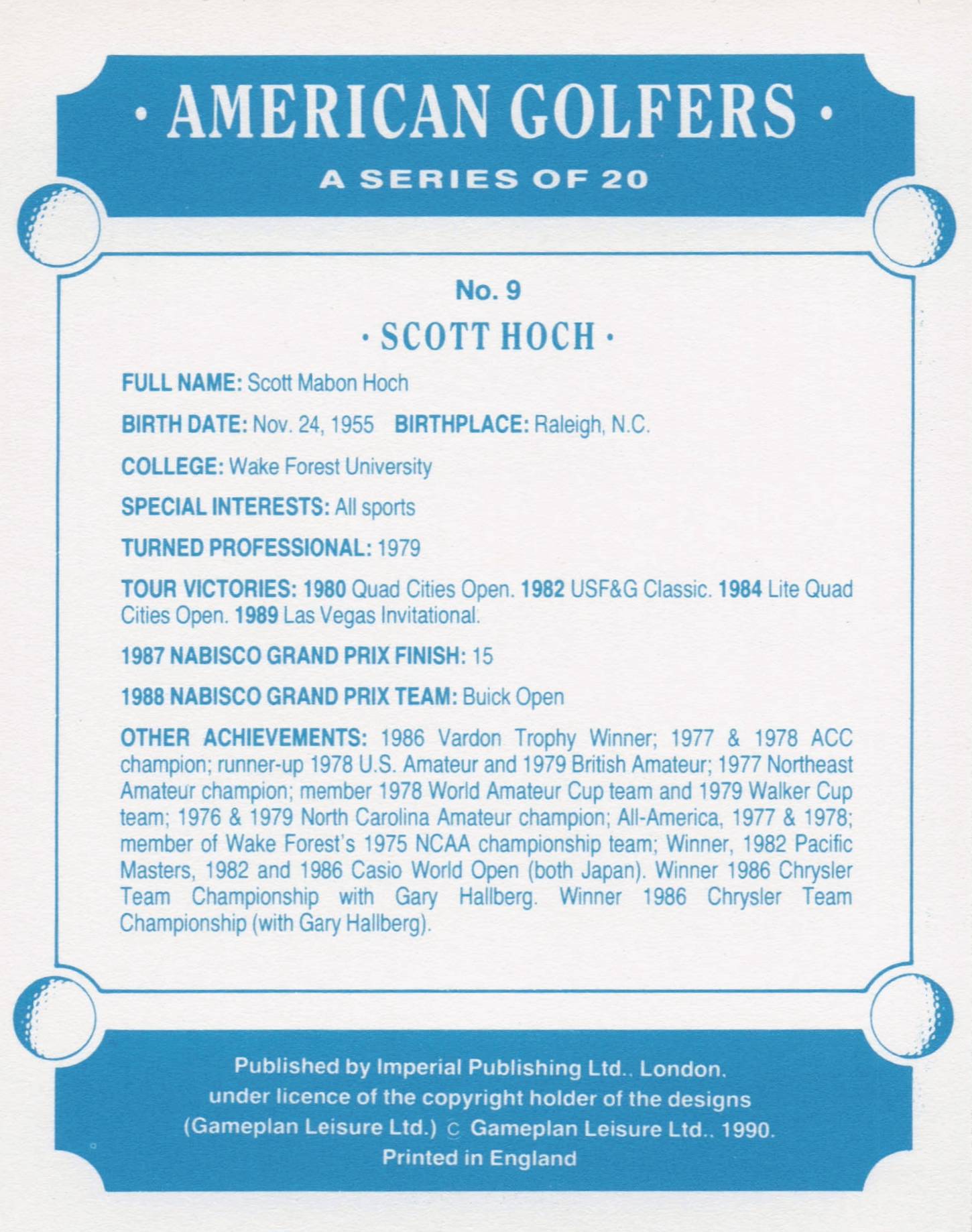 Scott Hoch American Golfer Imperial USA Golf Art Painting Trade Card