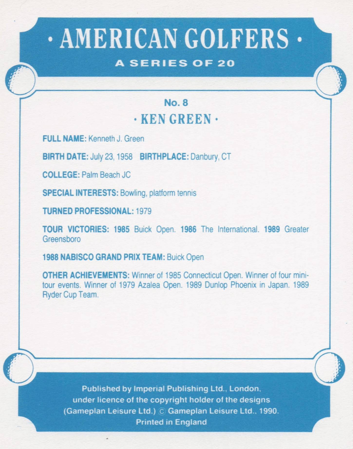 Ken Green American Golfer Imperial USA Golf Art Painting Trade Card
