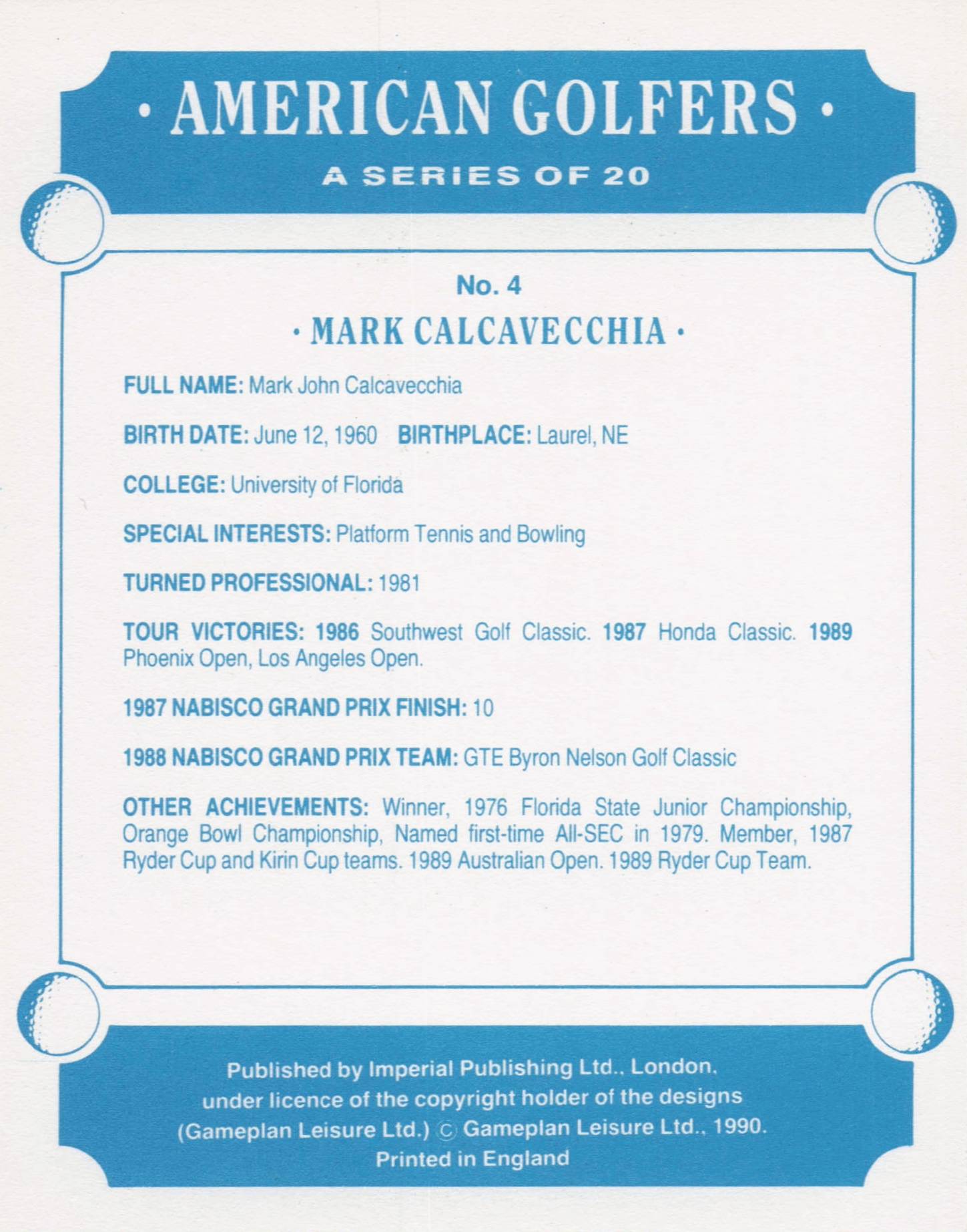 Mark Calcavecchia Golfer Imperial USA Golf Art Painting Trade Card