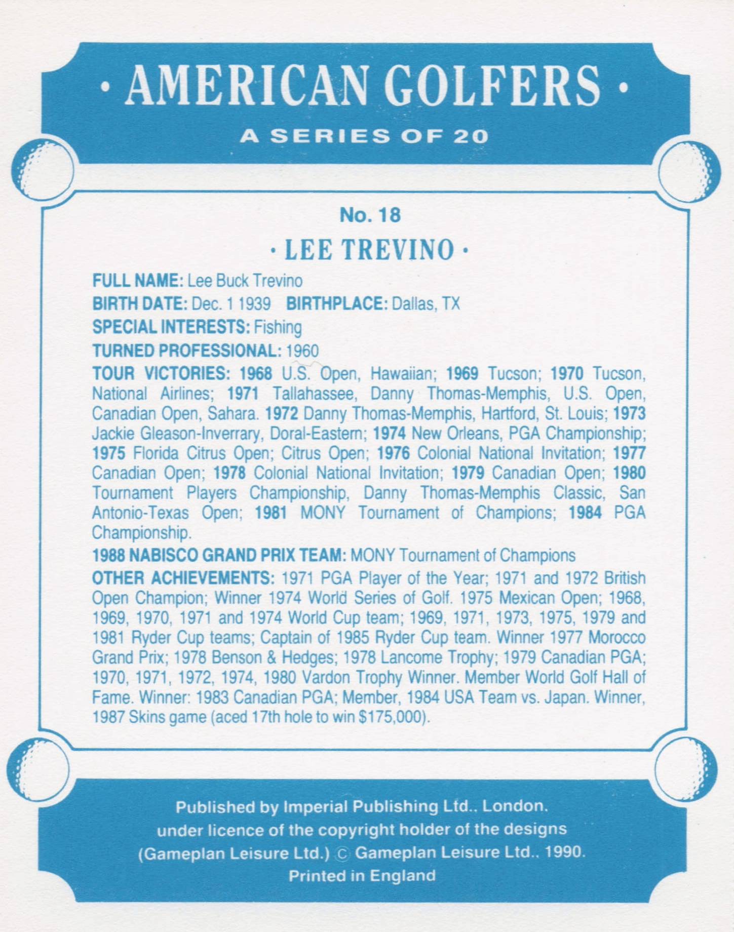 Lee Travino American Golfer Imperial USA Golf Art Painting Trade Card