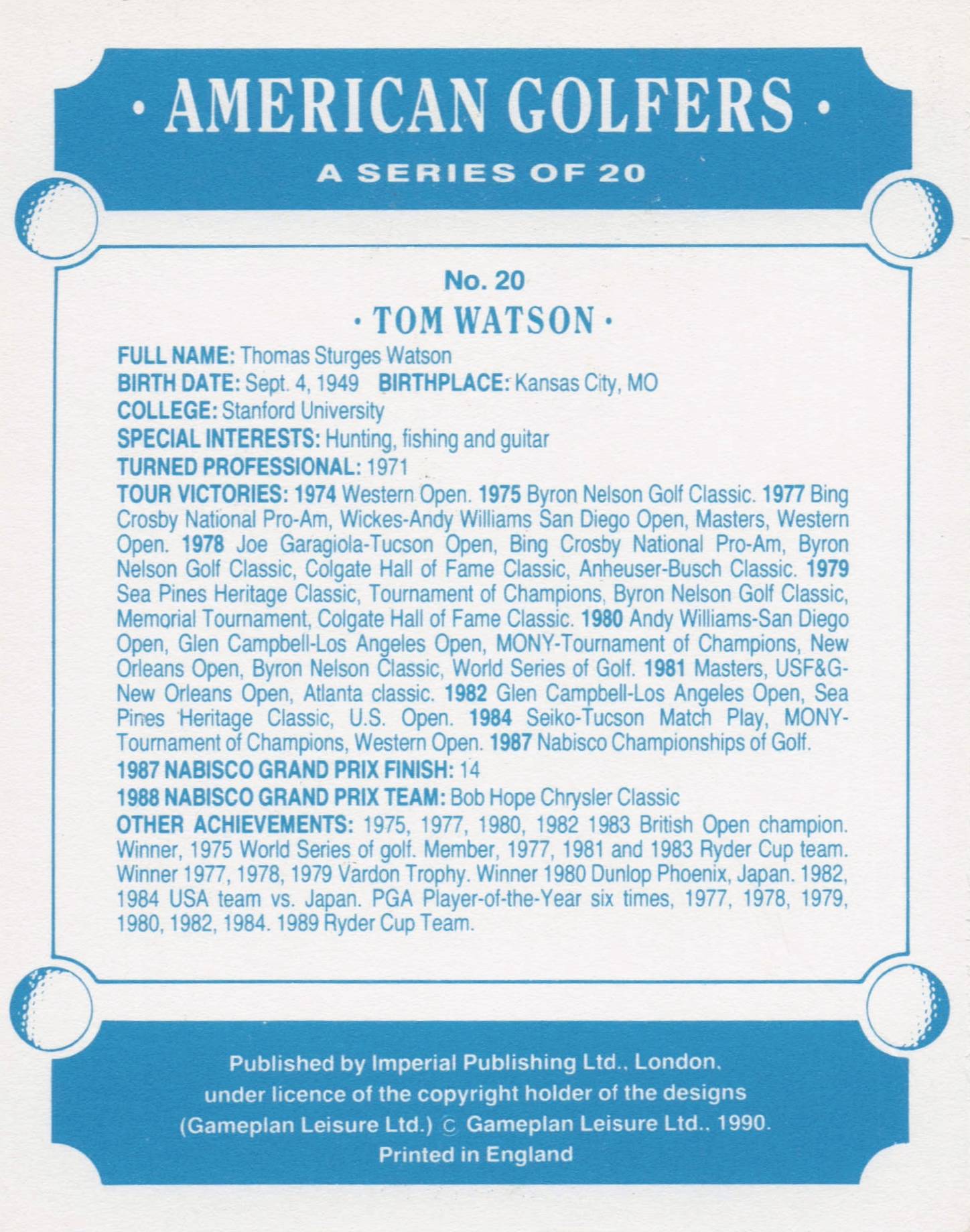 Tom Watson American Golfer Imperial USA Golf Art Painting Trade Card