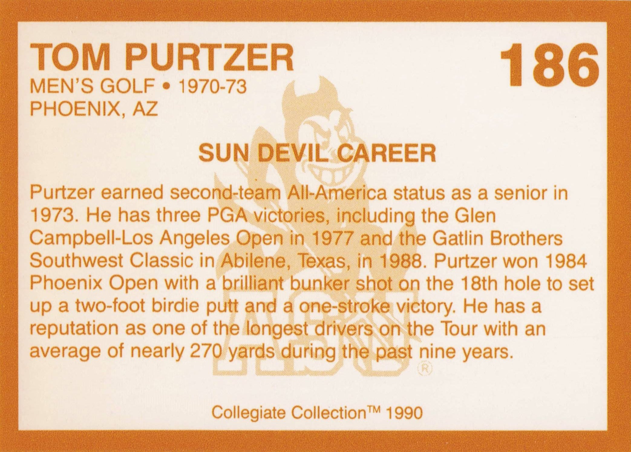 Tom Purtzer Arizona State Collegiate Collection Rare Golf Trade Card